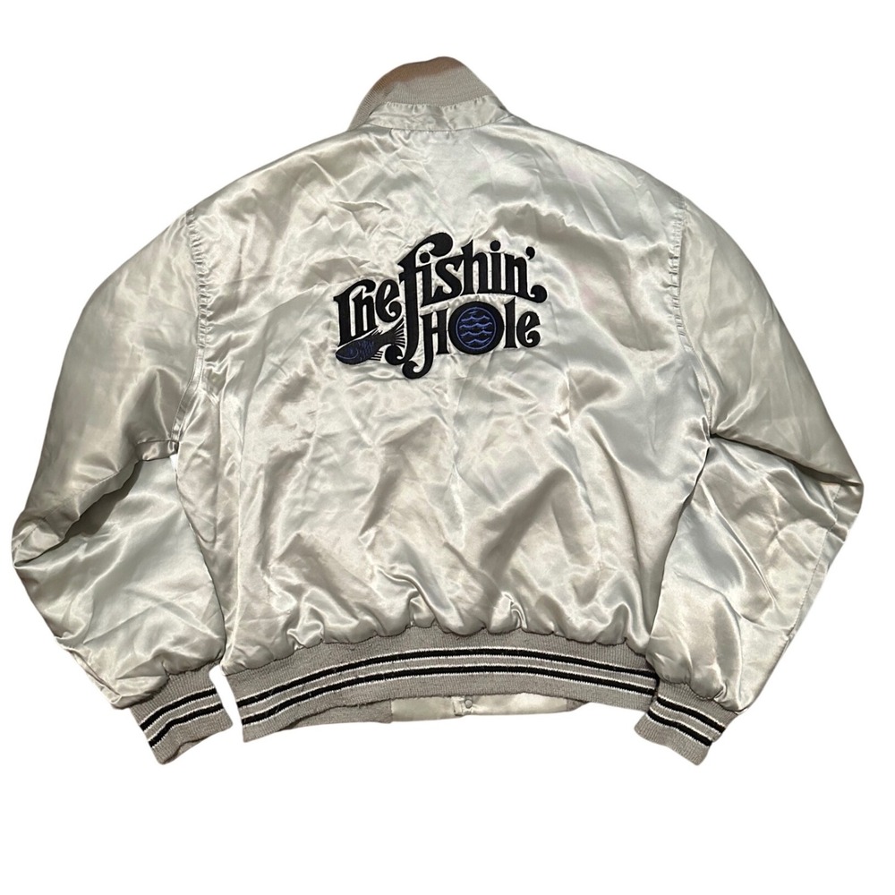 Vintage West Wind ESPN The‎ Fishin Hole Satin Bomber Jacket Silver Mens XL
